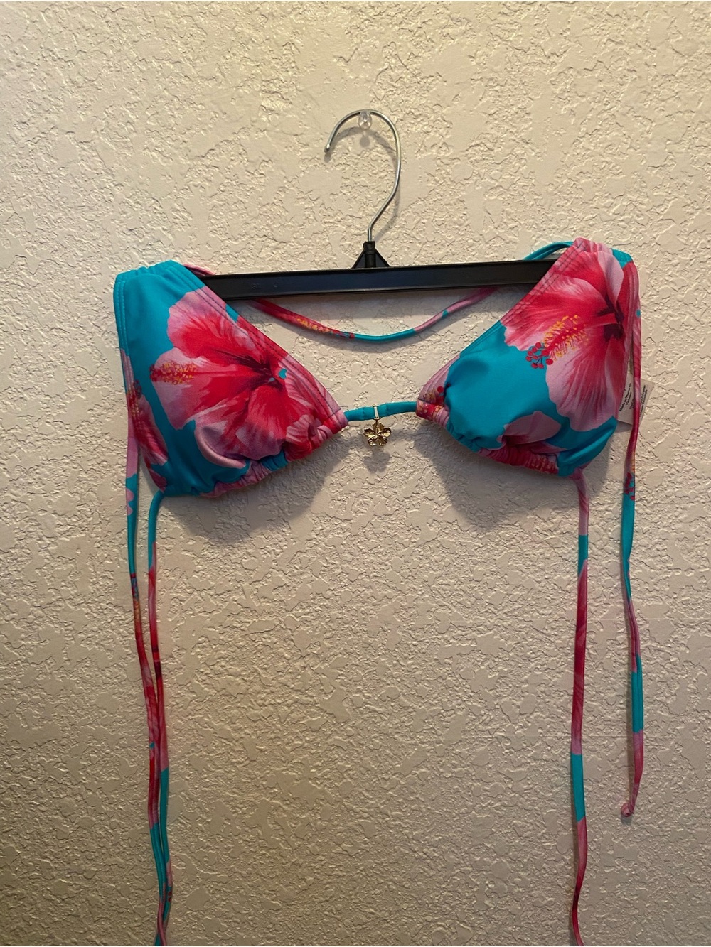 Turquoise Floral Tie-Back Bikini Top with Pink Hibiscus